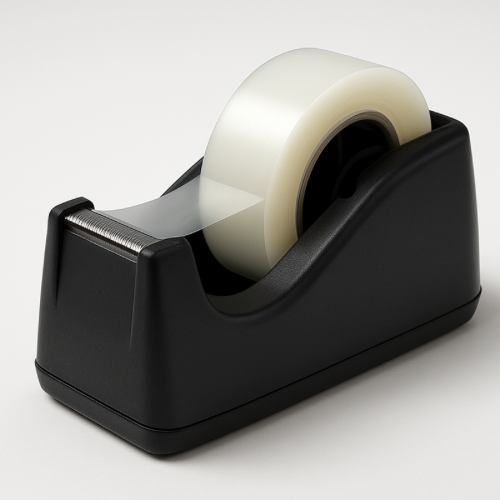 Close-up of a tape dispenser showing an angled serrated cutting edge