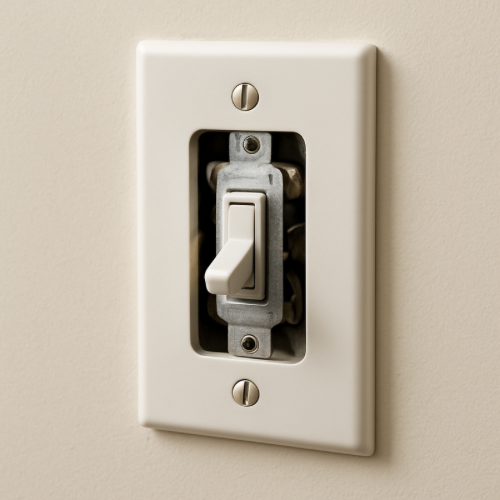 Close-up of a wall light switch showing the toggle mechanism