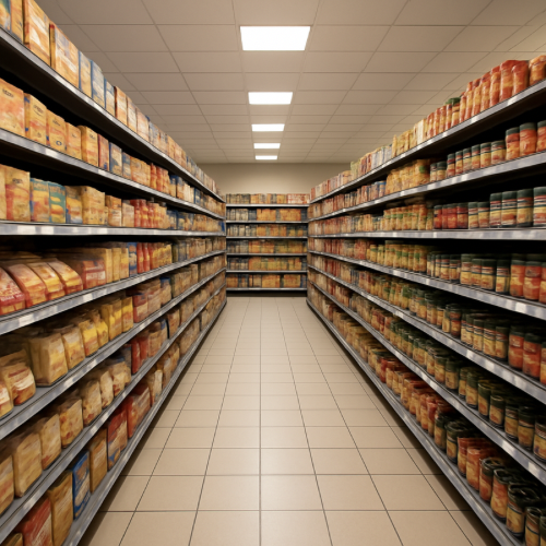Grocery store shelving unit showing multiple product levels