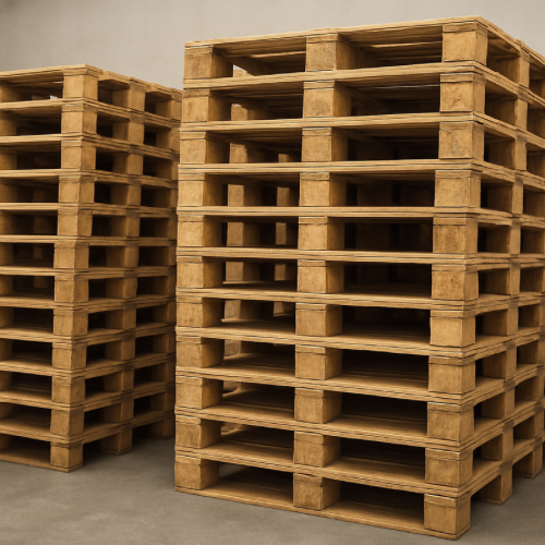 Side view of stacked wooden shipping pallets showing height and fork openings