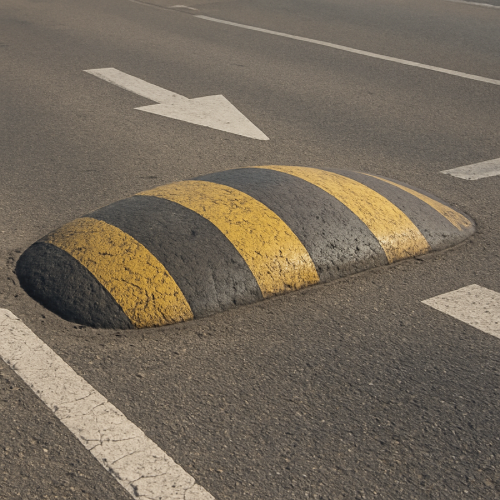 Rounded speed bump installed across a paved road