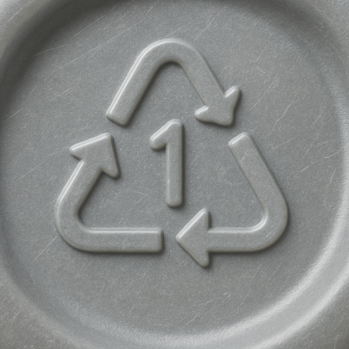 Recycling triangle with number on bottom of plastic container