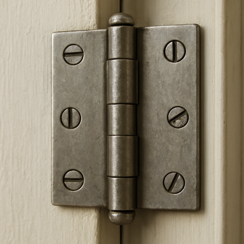 Close-up of a metal door hinge on a door frame