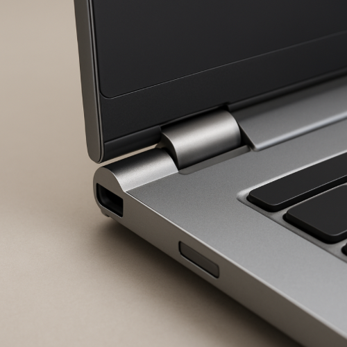 Close-up of a laptop hinge holding the screen at a fixed angle
