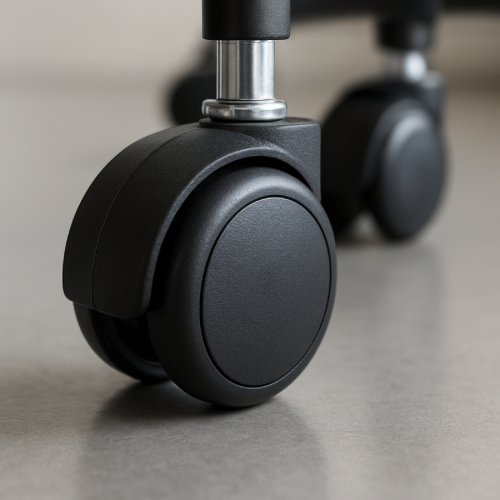 Close-up of office chair caster wheels on a flat floor