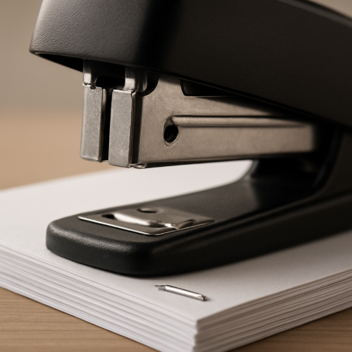 Office stapler bending a staple through paper using the anvil