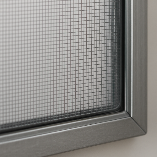 Close-up of window screen mesh stretched tightly in its frame