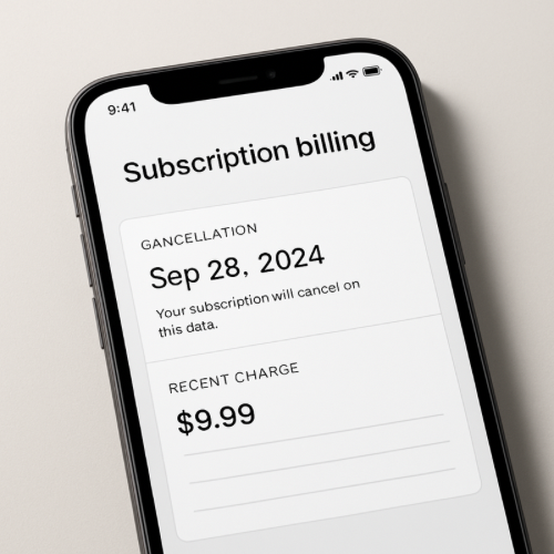 Mobile app subscription page showing cancellation date and recent charge