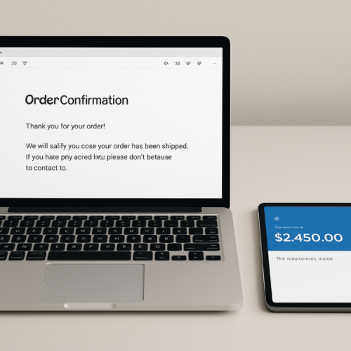 Laptop displaying order confirmation email next to tablet with no bank charge