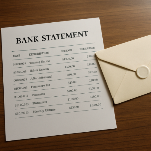 Printed bank documents and envelope on wooden desk