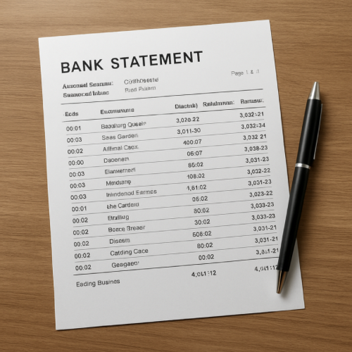 Printed bank statement with pen on wooden table