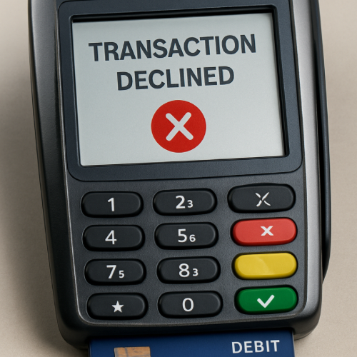 Card payment terminal displaying transaction declined message