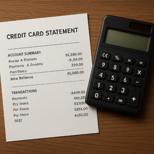 Printed credit card statement with calculator on wooden desk