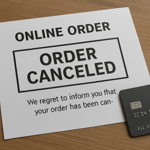 Printed order cancellation confirmation placed next to debit card