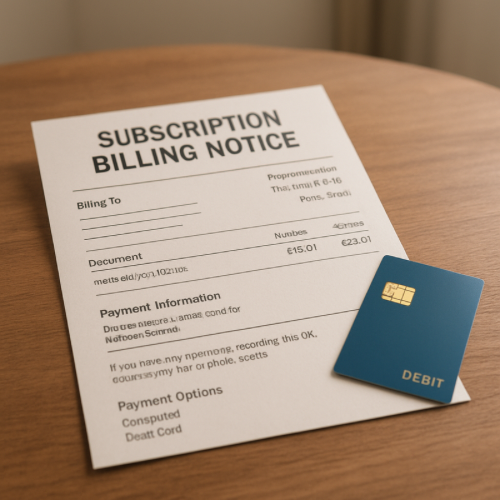 Paper billing notice next to a debit card on a table