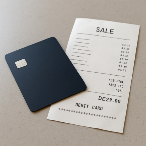 Debit card and printed purchase receipt on retail counter