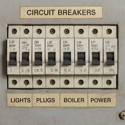 Electrical circuit breakers showing labeled trip curve ratings