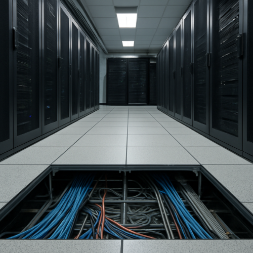 Data center with raised floor panels and visible underfloor space