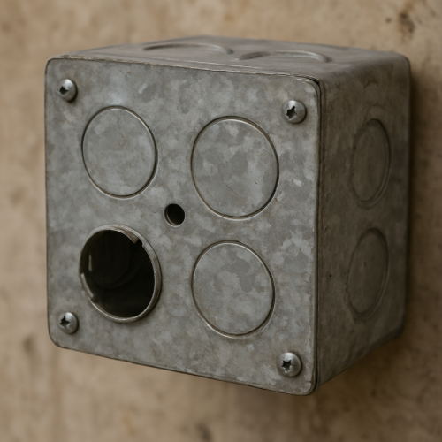 Metal electrical outlet box showing removable knockout tabs