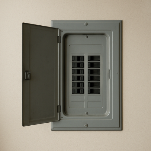 Electrical panel showing a dead front cover with breaker access openings