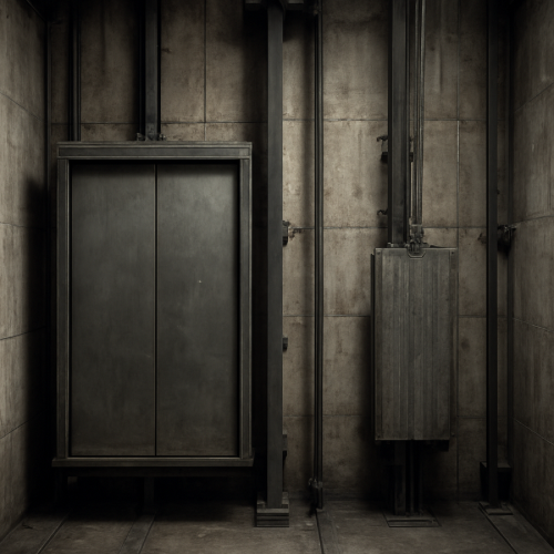 Elevator shaft showing a counterweight opposite the elevator car