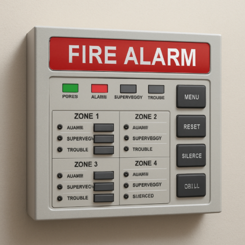 Fire alarm control panel showing labeled zones and indicator lights