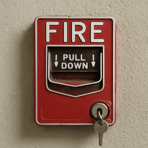 Fire alarm pull station being reset with a metal key