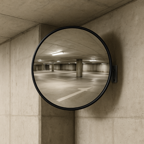 Convex safety mirror mounted at a corner inside a parking garage