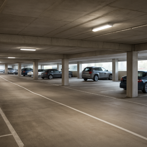 Interior of parking garage showing sloped concrete floors between levels