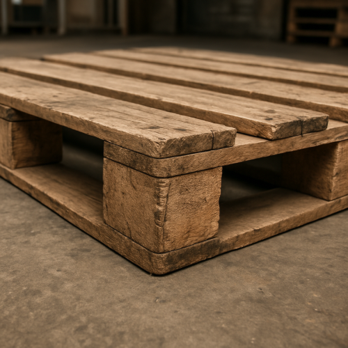 Wooden shipping pallet showing notches cut into the side supports