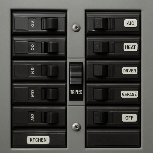 Circuit breaker flipped to tripped position in panel