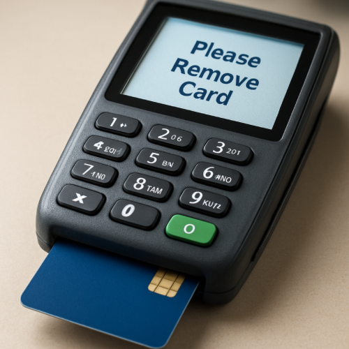 Payment terminal screen displaying please remove card message