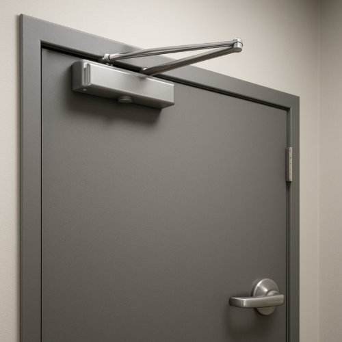 Commercial door with hydraulic closer installed at top