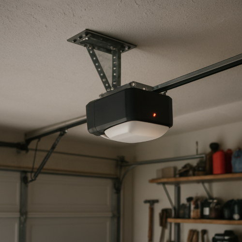 Garage door opener unit showing blinking light indicator