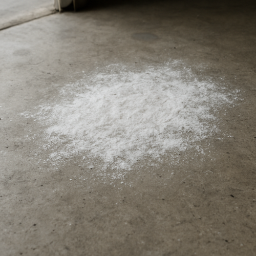 Concrete garage floor with white powdery salt stains