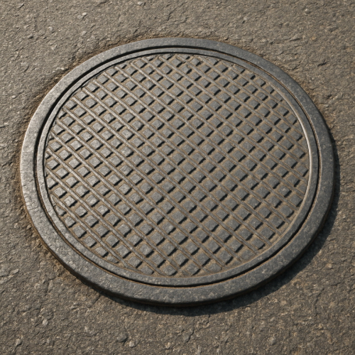 Close-up of manhole cover with raised traction pattern