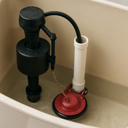 Interior of toilet tank showing flapper valve and water fill mechanism
