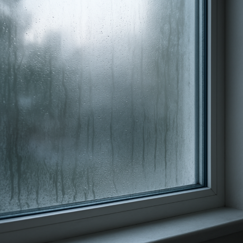 Residential double pane window with condensation between glass panes