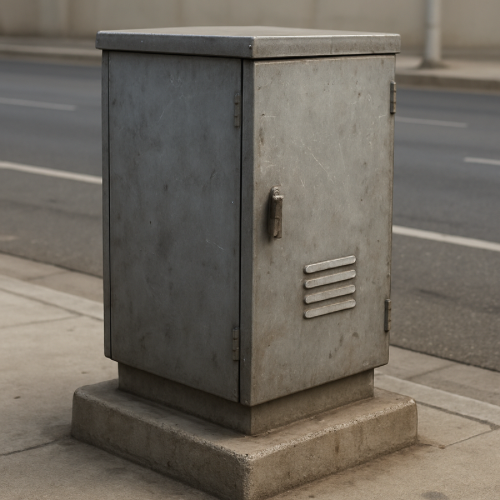 Traffic signal control box showing small ventilation vents on the side