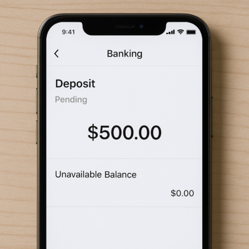 Mobile banking app screen displaying pending deposit and unavailable funds