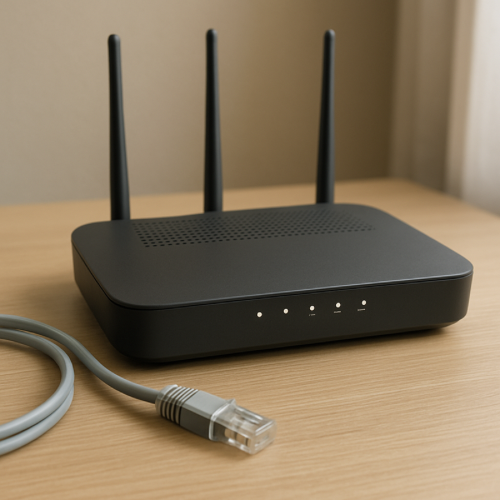Home router with an ethernet cable lying on a table