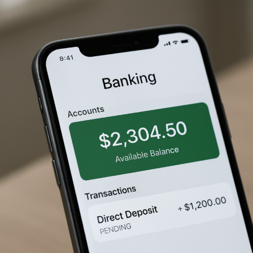 Smartphone screen displaying pending direct deposit in banking app