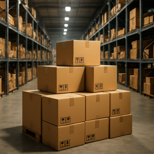 Stacked shipping packages inside warehouse sorting area