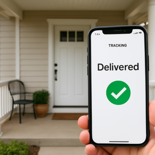 Phone screen showing delivered status with empty porch in background