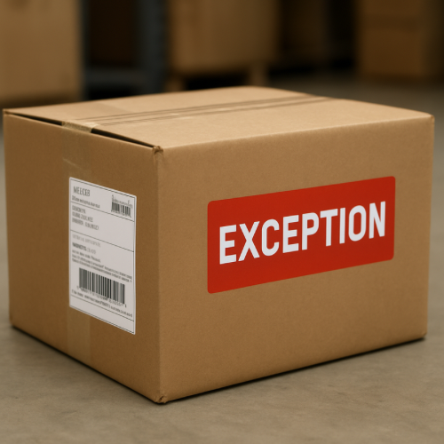 Cardboard shipping box with tracking exception label
