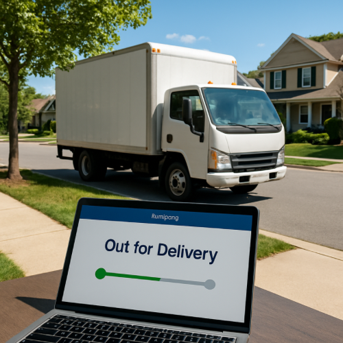 Delivery truck on neighborhood street with out for delivery status shown on screen