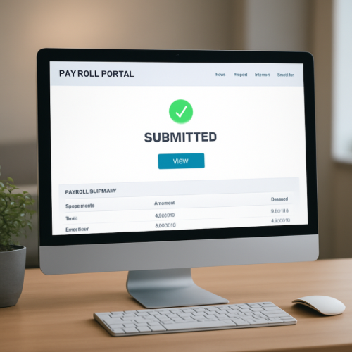 Computer screen displaying payroll portal with submitted status message