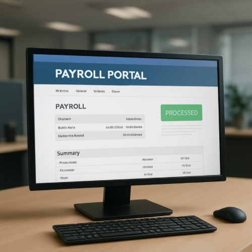 Computer screen displaying payroll portal with processed status