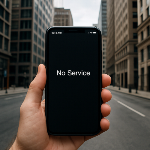 Smartphone displaying no service signal in city environment