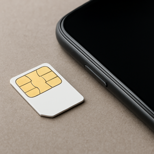 Close-up of SIM card next to smartphone on a table